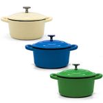 RJ Legend 8.5 oz Cast Iron Pot, Enameled Cast Iron Mini Pot, Round Mini Cocotte, 5.5-Inch Cast Iron Pot with Lid, 3-Piece Cast Iron Set - Blue - Green - White