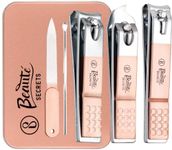 Beauté Secrets Nail Clippers - 5 Pcs Set Toenail Clipper, Fingernail Clipper & Nail File, Ear Cleaner, Nail Cutter Set with Metal Gift Tin Box for Men and Women (Peach)