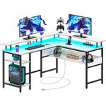 Rolanstar Computer Desk L Shaped 56.7" with LED Lights & Power Outlets, Reversible L Shaped Gaming Desk with Monitor Stand, Office Desk with Storage, Writing Desk with USB Port & Hook, White