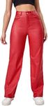 MakeMeChic Women's High Waist Pockets Straight Leg Jeans Leather Look Pants Red M