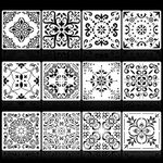 Modixun 12Pack Large 12x12in Tile Stencils, Reusable Mandala Stencils, Floor Stencils with Round Edges, Painting Template Stencils for Wall Wood Furniture, Style A