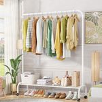 Lukzer | MGR-007 | White | Heavy-Duty Single Pole Metal Garment Stand with Wheels & Bottom Shelf – Portable Clothes Rack & Storage Organizer for Bedroom, Hallway, Laundry Room | 34 x 110 x 172 cm