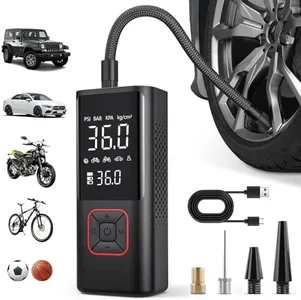 Powools Cordless Tire Inflator Portable Air Compressor - 150PSI Air Pump for Car Tires, Inflatables, Compact Bike Pump, Multipurpose Tire Pump for Car, Red, Large