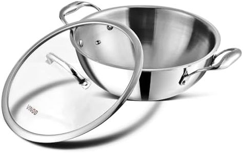 Vinod Platinum Triply Stainless Steel Kadai with Glass Lid (26cm, 3.7L) | 2.5 mm Thick | Triply Kadai with Heavy Bottom | Induction Friendly Triply Stainless Steel Cookware Kadhai | 5 Year Warranty