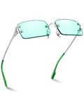 Zeelool Retro Rectangle Sunglasses Women Men Trendy Rimless Small Square Sun Glasses, Silver Frame Green Lens, small square