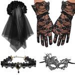 NAUZE 4 Pieces Day of the Dead Halloween Costume Set Gothic Bride Veil Ladies Rose Necklace Lace Eye Mask Lace Gloves for Halloween Adults Costume Accessory(Black)