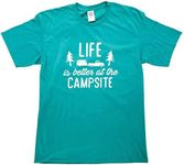 Camco Life is Better at The Campsite Crew Neck Short Sleeve T-Shirt | Features a Comfortable Non-Restrictive Fit, RV/Camping Design on Teal, and is Machine Washable | Large (53219)