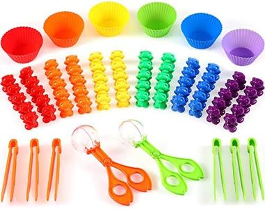 Skylety 74 Pieces Counting Sorting Bears Fine Motor Skills Handy Scoopers Set Includes 60 Cute Rainbow 6 Jumbo Tweezers, 2 Scissors Clips and 6 Colorful Cups for Children Over 6