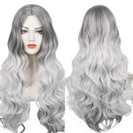 Silver Grey Wigs for Women, ATAYOU Halloween Curly Long Wavy Cosplay Ombre Gray Hair Cosplay Wigs with Wig Cap (Grey 31)