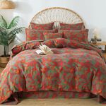 FADFAY Duvet Cover Set Vintage Red Green Maple leaf Floral Bedding Super Soft Washed Double -layer Muslin Sheets 100% Cotton Comforter Cover with Hidden Zipper Closure 3Pcs, King/California King Size