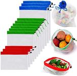 DZOZO 12 Pcs Reusable Produce Bags Drawstring Vegetable Bags Mesh Produce Bags Mesh Organizer Bags Washable Fruit and Veg Bags Mesh Drawstring Produce Bags Toy Storage Mesh Bag 3 Various Sizes, Red, Green, Blue