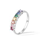 E Jewelry 925 Sterling Silver Rainbow Eternity Band Ring, Anniversary Ring for Women Square Ring T 1/2 Rhodium Plated with Colorful Round AAA Cubic Zirconia