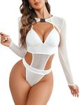 SSoShHub Women Lingerie Set Lace Teddy Strap Babydoll Bodysuit Bikini with Flair Top Gown Floral Snap Crotch White