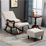 WOOD ART INDIA Teak Wood Traditional Rocking Tropical Comfortable and Simple Designed Arm Chair in Swed Fabric (Cream+Footstool)