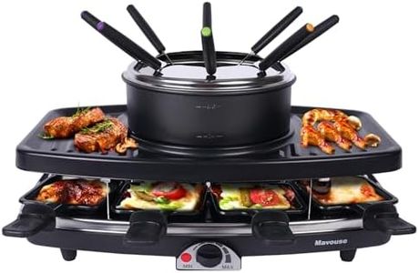 Mavouse Electric Fondue Pot Sets with Barbecue Grill, Electric lndoor Raclette Table Grill for 8 People, Adjustable Temperature Control and 8 Paddles, Perfect for Parties and Family Fun