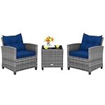 Tangkula 3 Pieces Patio Furniture Set, Outdoor PE Rattan Conversation Chair Set with Tempered Glass Side Table & Removable Cushions, Wicker Chairs for Porch, Balcony Garden, Mix Grey-Navy