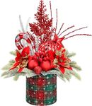 Small Christmas Tree Tabletop Artificial Mini Christmas Tree Decorations with Holiday Ornaments Red Berry Pine Cone Greenery for Home Indoor Fireplace Mantel Xmas Decor (Large-Round-Red)