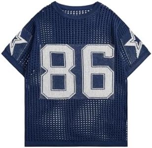 SHENHE Men's Crochet Jersey Shirt Y2k Baggy Letter Hollow Out Short Sleeve Pullover Sweater Tops Blue Medium
