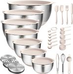 Wildone Mixing Bowls with Airtight Lids, 27 PCS Stainless Steel Nesting Set, 3 Grater Attachments, Measurement Marks & Non-Slip Bottom, Size 5, 4, 3, 2, 1.5, 1, 0.63QT, Ideal for Prepping, Khaki