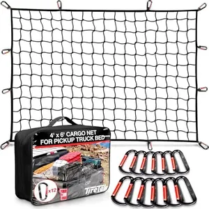 TireTek Truck Accessories for Men, Heavy-Duty Cargo Net for Pickup Truck Bed Net, 4' x 6' Stretches to 8' x 12' w/ 12 Metal Carabiners, Truck Bed Cargo Net, Truck Bed Netting for Cargo, Bungee Mesh