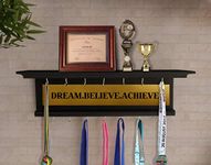 TIED RIBBONS Medal and Trophy Holder for Wall Hanging Home Office Shelf Hanger Stand Display Rack for Sports Cricket Cyclists Academics (Black, Handcrafted, Wood)