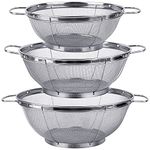 3 Pack 18/8 Stainless Steel Colander Sieves(5-Quart, 4-Quart and 3-Quart), Mesh Strainer Net Baskets with Handles & Resting Base for Strain, Drain, Rinse or Steam