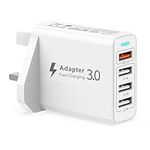 Multi USB Charger Plug UK, Multi USB Plug Adaptor UK 4-Ports with Quick Charge 3.0 Fast Charger Plug USB Wall Charger Power Adapter for iPhone 14 Pro Max 13 12 11 X 8 7,iPad,Samsung S23/S22/S21,Huawei