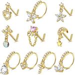 Drperfect 10 Pcs 20G Dangle Nose Rings Studs for Women 316L Stainless Steel L Shaped Nose Studs Heart Butterfly Moon Star Snowflake CZ Dangle Nose Rings Dangling Nose Piercing Jewelry