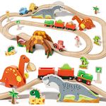 Lehoo Castle Wooden Train Set, Wooden Train Track, Toy Train Dinosaur Toys for 3 4 5 Year Old Boys, Magnetic Train with Wooden Rails, Fits Thomas, Brio