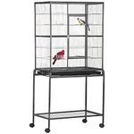 PawHut 64" Large Bird Cage, Rolling Metal Parrot Cage, Bird House with Detachable Rolling Stand, Storage Shelf, Wood Perch, Food Container, 30.25" x 18.5" x 64"