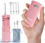 Aquapik Mini Portable Water Flosser Retractable Water Tank Rechargeable Dental Irrigator for Travel and Office, USB Charging, 4 Nozzles, 3 Powers, IPX8 Waterproof, for Whole Family (Pink)