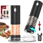 CIRCLE JOY Electric Salt and Pepper Grinder Set with 6 Levels External Adjustable Coarseness, Dustproof Storage Base, Automatic Pepper Mill Shakers Set for Kitchen, White LED Light, Black