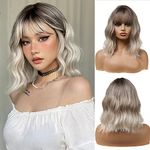 Esmee 14 Inches Short Blonde Wigs with Bangs for Women Natural Synthetic Hair Ombre Wig with Dark Roots Loose Wavy Wigs for Cosplay Daily Party Wear