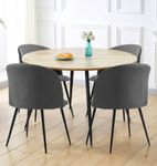 Hallowood Furniture Cullompton Round Dining Table and Chairs Set 4, Dinner Table with Oak Effect Top (1.2m) and Curved-Back Dark Grey Fabric Chairs, Dining Room Set for Home and Café