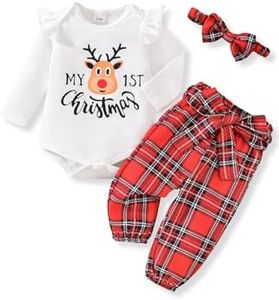AMAWMW My First Christmas Baby Girl Outfit Elk Ruffle Romper Top Plaid Pants Newborn Infant Baby Girl Christmas Clothes, Red, 3-6 Months