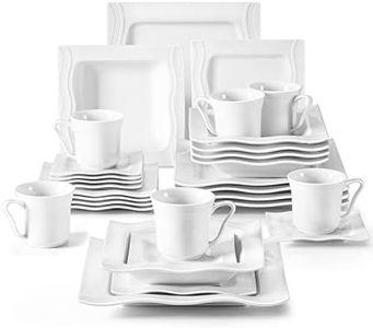 MALACASA Plates and Bowls Sets, Square Dinnerware Sets for 6 (30pcs), Porcelain Dish Set, White Dinnerware with Dinner Plates, Dessert Plates, Soup Bowls, Cups&Saucers, Ivory White,Series Mario