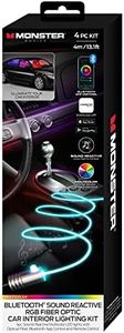 Monster Bluetooth Sound Reactive RGB Fiber Optic Car Interior Lighting Kit, Use Remote/Downloadable App to Customize, Sound-Reactive Mode, Easy Installation, 13ft Cable/12V Adapter Included, 4-Pack