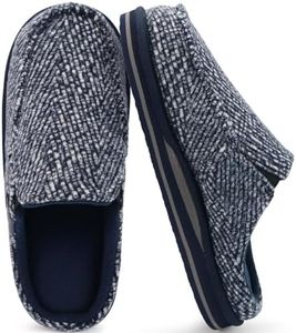 ONCAI Slipper for Men with Arch Support,Cotton-Blend Memory Foam House Slippers for Men Warm Strips Fluff Plush Wool-like Clogs with Rubber Sole Spring Blue Size 9