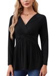 TIANZHU Womens V-Neck Long Sleeve Tunic Tops Wrap Baby Doll Shirt Empire Waist Low Cut Flowy Hem Blouse for Causal, Black, Size 16-18