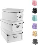 Decorative Storage Box with lids and Handles,Set of 3 Folding Plastic Box Multiple Sizes for Clothes/Shoe Box/Office Set of 3 in Various Sizes White