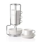 Sweejar Home Porcelain Espresso Cups with Saucers, 70ml Stackable Cappuccino Cups with Metal Stand for Coffee Drinks, Latte, Tea - Set of 4 (White)