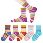 EPEIUS Girls Seamless Socks Rainbow Striped Crew Socks Baby Girl Cotton Dress Socks Smooth Toes Socks 5 Pack for 12-15 Years,Shoe Size 4-9