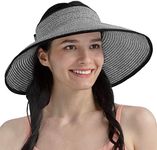 SUN CUBE Sun Visor Hats Women, Straw Beach Hats for Women, Wide Brim Summer Ponytail Hat, Packable Rollup Visor, Travel Foldable UV Protection Sunhat - Black and White