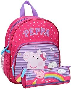 Pret Peppa Pig - Mochila infantil para niños, escuela primaria, jardín de infantes, guardería, guardería, mochila para niño/niña, talla 29 cm, tirantes ajustables + estuche, rosa, 29