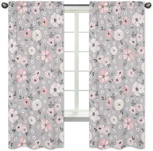 Sweet Jojo Designs Grey Watercolor Floral Window Treatment Panels Curtains - Set of 2 - Blush Pink Gray and White Shabby Chic Rose Flower Farmhouse