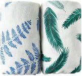 Margaux & May Organic Muslin Swaddle Blankets 2 Pack - 100% Organic, Large 47x47 Inches, Breathable Baby Blankets, Blue Fern and Green Feather - Newborn Essentials Must Haves