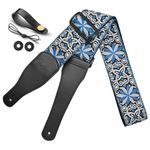 Guitar Strap, Jacquard Embroidered Cotton Straps with Leather Ends Shoulder Strap for Bass, Acoustic, Electric Guitar (Jacquard Blue White)