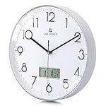 Lafocuse Silent Kitchen Wall Clock with Date and Day Temperature,Silver Wall Clocks for Living Room Modern Bedroom,LCD Display Quartz Digital Wall Clock Battery Operated for Office 12 Inch