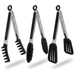 PLENARO Set of 3 Stainless Steel Food Tongs with Silicone Tips, 3 Types Heavy Duty Non-Stick Clamp Clip for Kitchen BBQ Cooking Grilling Buffet Noodles Salad Steak (Black)