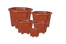 Halsey Hexagonal Modern Design Durable Plastic Plant Pot for Gardening Pack of 4 Set Brown